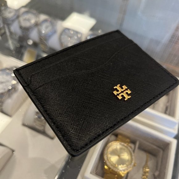 Tory Burch Emerson Slim Saffiano Leather Card Case in Black - Picture 6 of 7